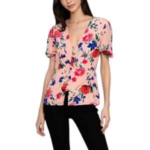 Yumi Kim Pink Floral  Short Sleeve Button Front Silk Blend Blouse Size Small